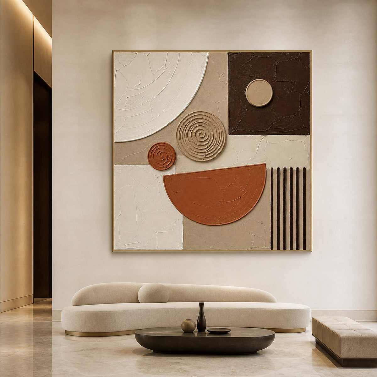 Warm geometric wall art displayed in a softly lit minimalist hotel lobby.