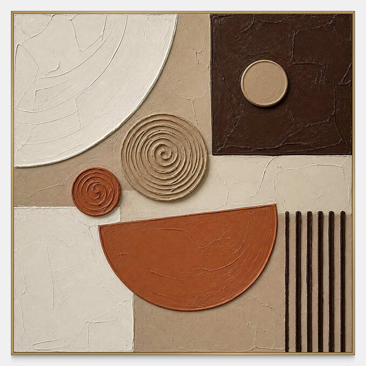 Square wall art with terracotta, cacao, warm stone, ivory, and sculpted spiral forms.