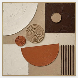 Square wall art with terracotta, cacao, warm stone, ivory, and sculpted spiral forms.
