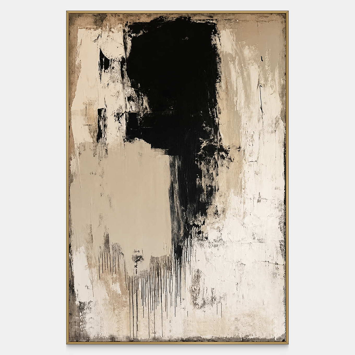 Broad black gesture and fine drips stand within a cream and beige abstract composition.