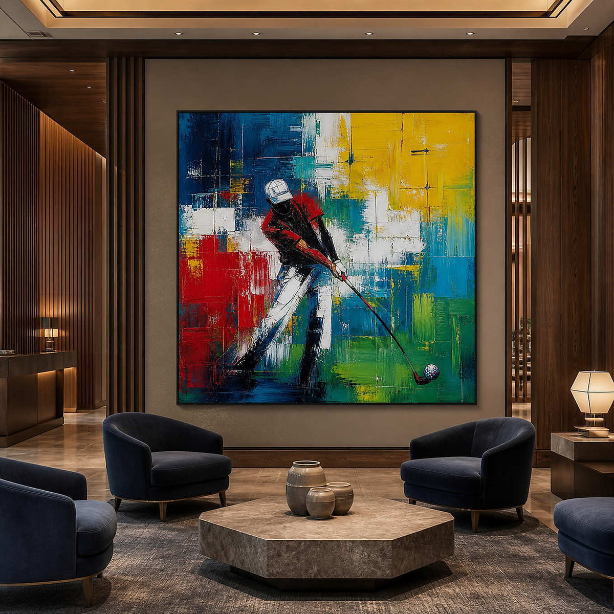 Large golf wall art anchoring a sophisticated club lobby.