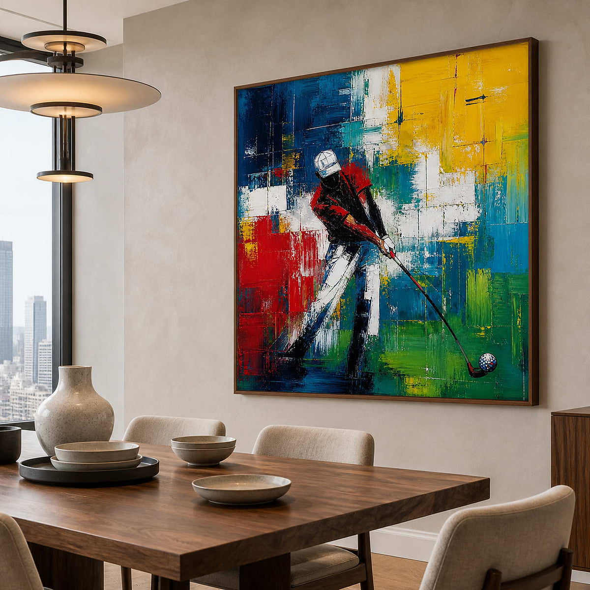 Colorful textured golfer artwork above a warm walnut dining table.