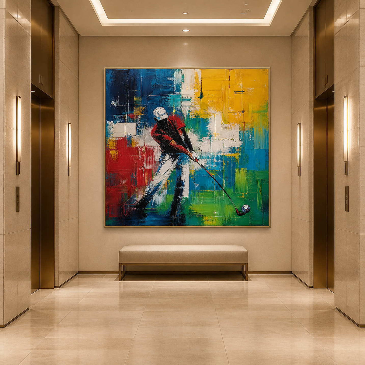 Bright textured golf artwork in an elegant hotel hallway.