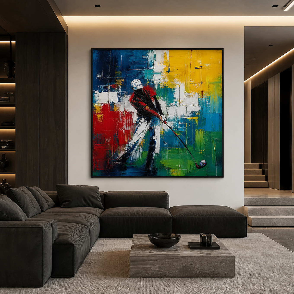Bold golf wall art in a dark contemporary living room.