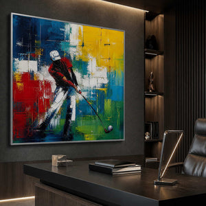 Dynamic golfer canvas in an executive contemporary office.