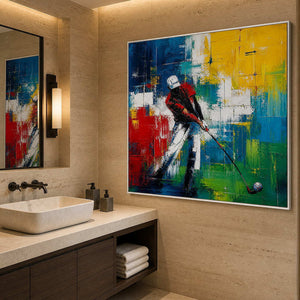 Colorful square golfer painting in a modern spa dry area.