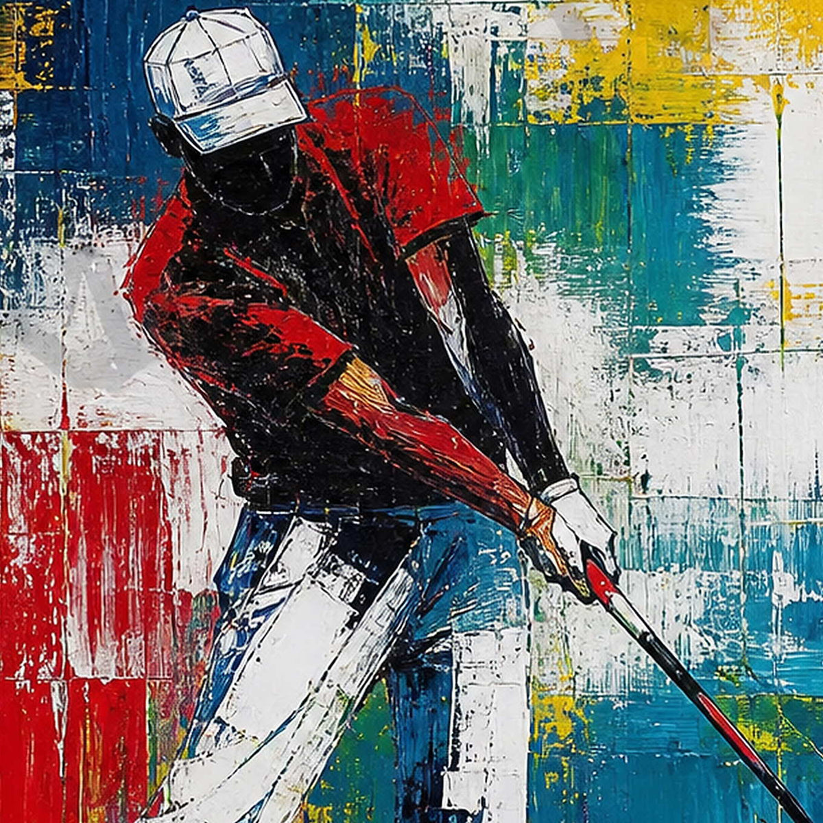 Close-up of layered blue, red, white, and black golfer texture.