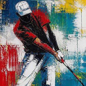 Close-up of layered blue, red, white, and black golfer texture.