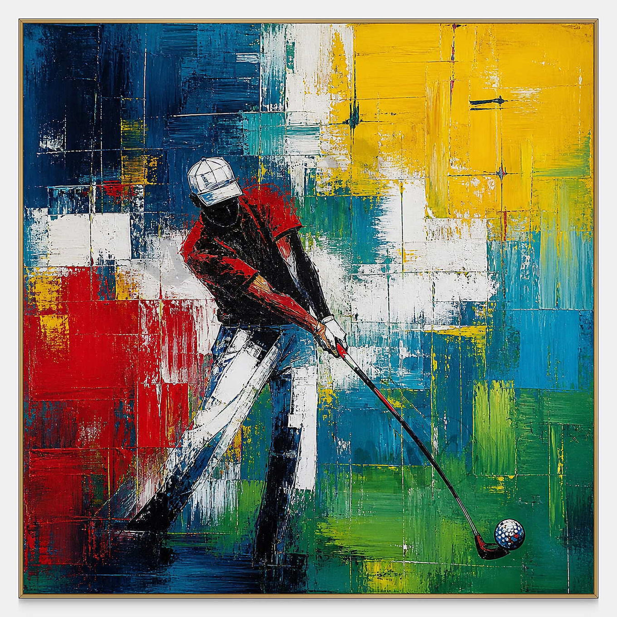 Hand-painted golfer against blue, red, yellow, green, and white blocks.