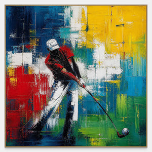 Hand-painted golfer against blue, red, yellow, green, and white blocks.