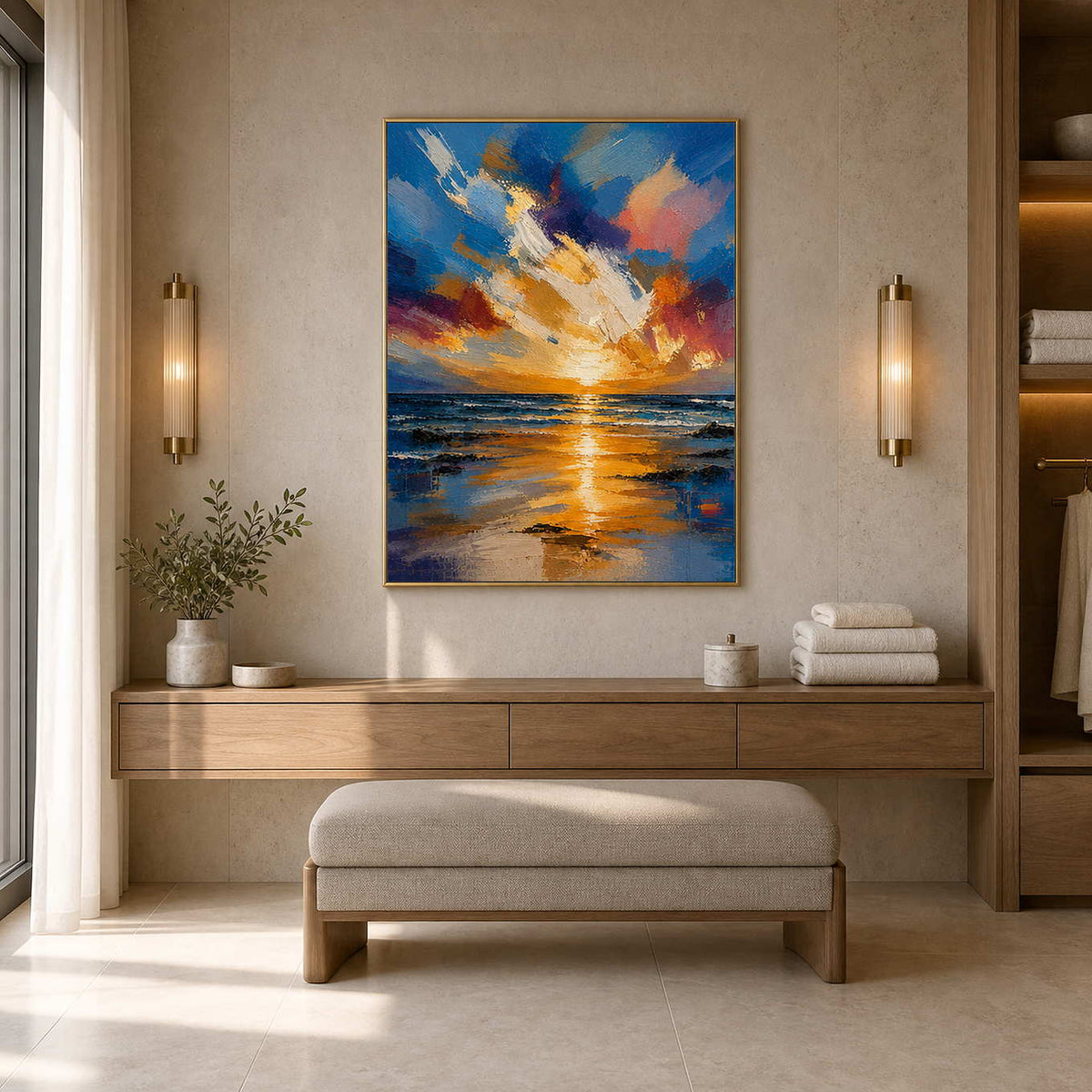 Golden blue coastal art warming a refined limestone hotel bathroom.