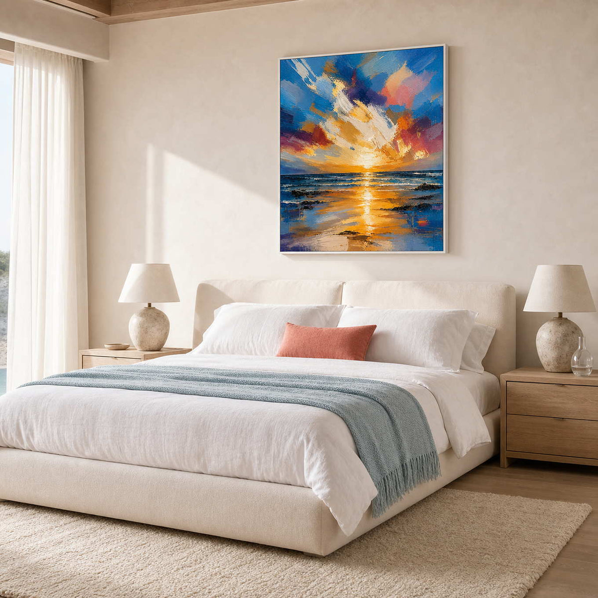 Vibrant blue and gold seascape above a serene resort bedroom.