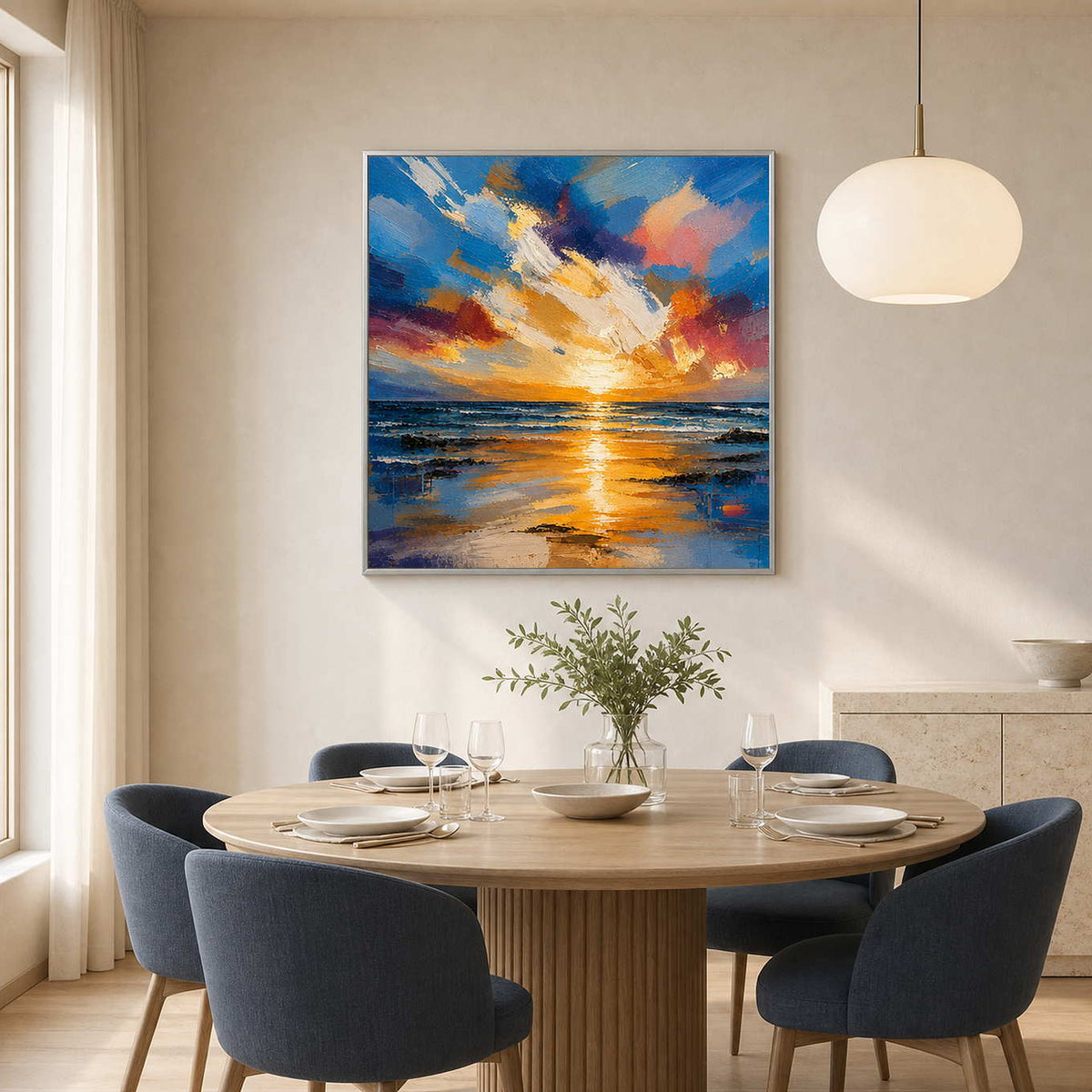 Radiant coastal sunset painting displayed in a bright contemporary dining room.