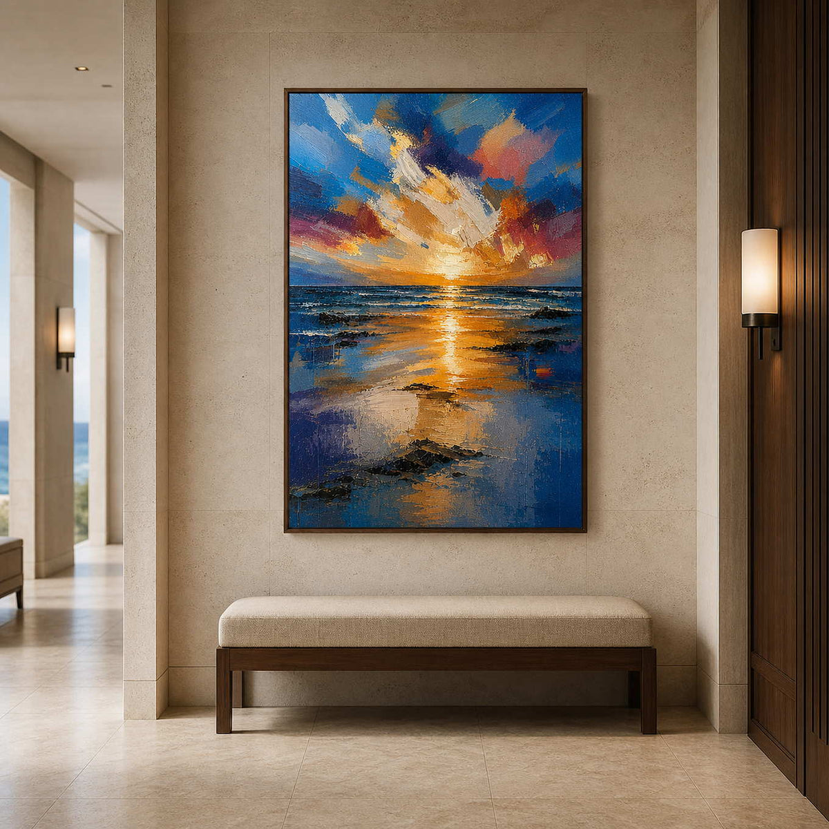 Colorful coastal painting illuminating a calm boutique hotel corridor.