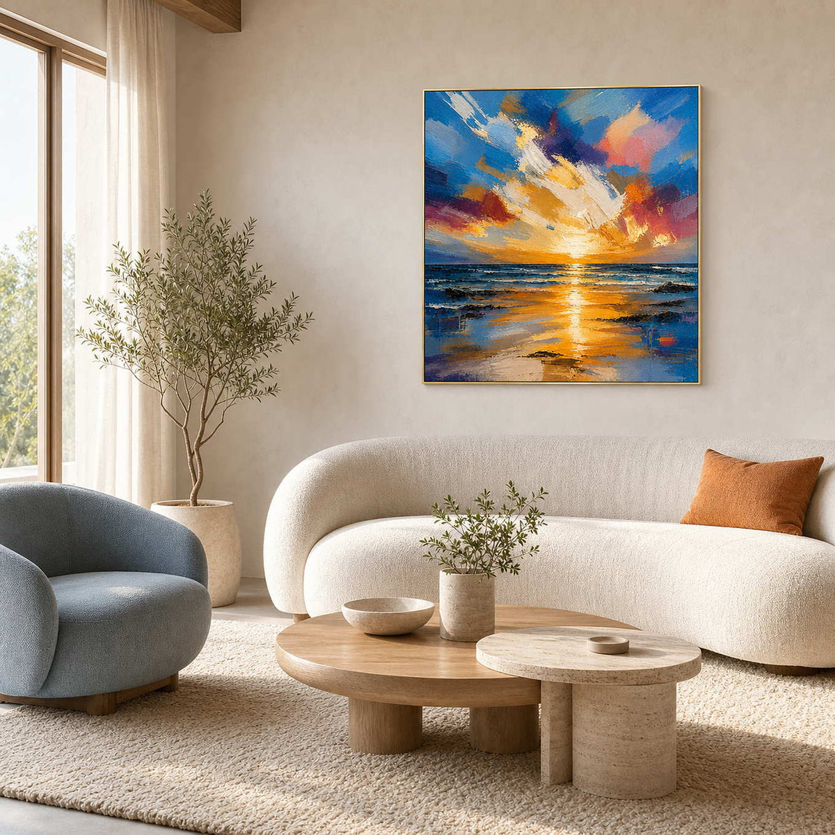 Colorful sunset seascape above a bright coastal modern living room.