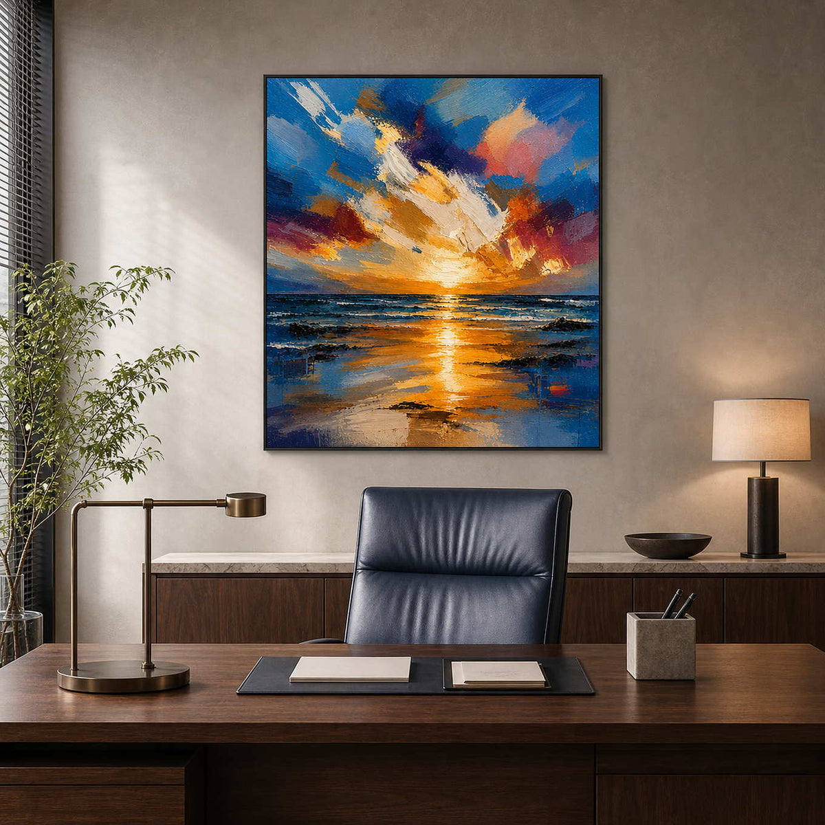 Bold textured sunset artwork in a sophisticated walnut home office.