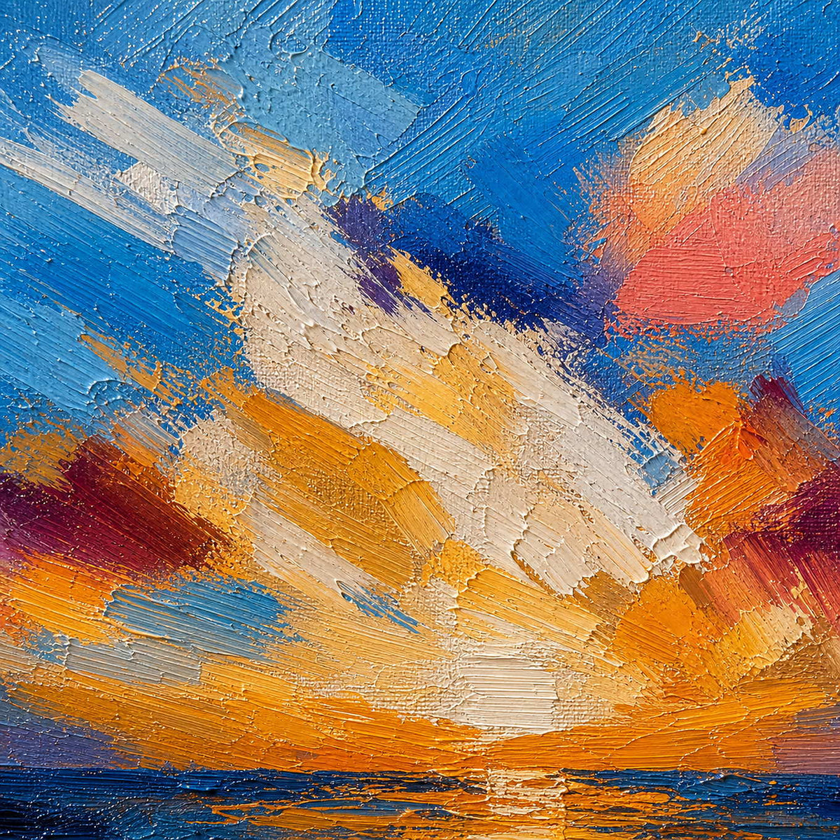 Close-up of cobalt coral ivory and gold palette-knife texture.