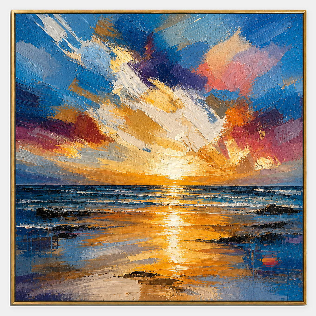 Square textured seascape in cobalt blue coral and molten gold.