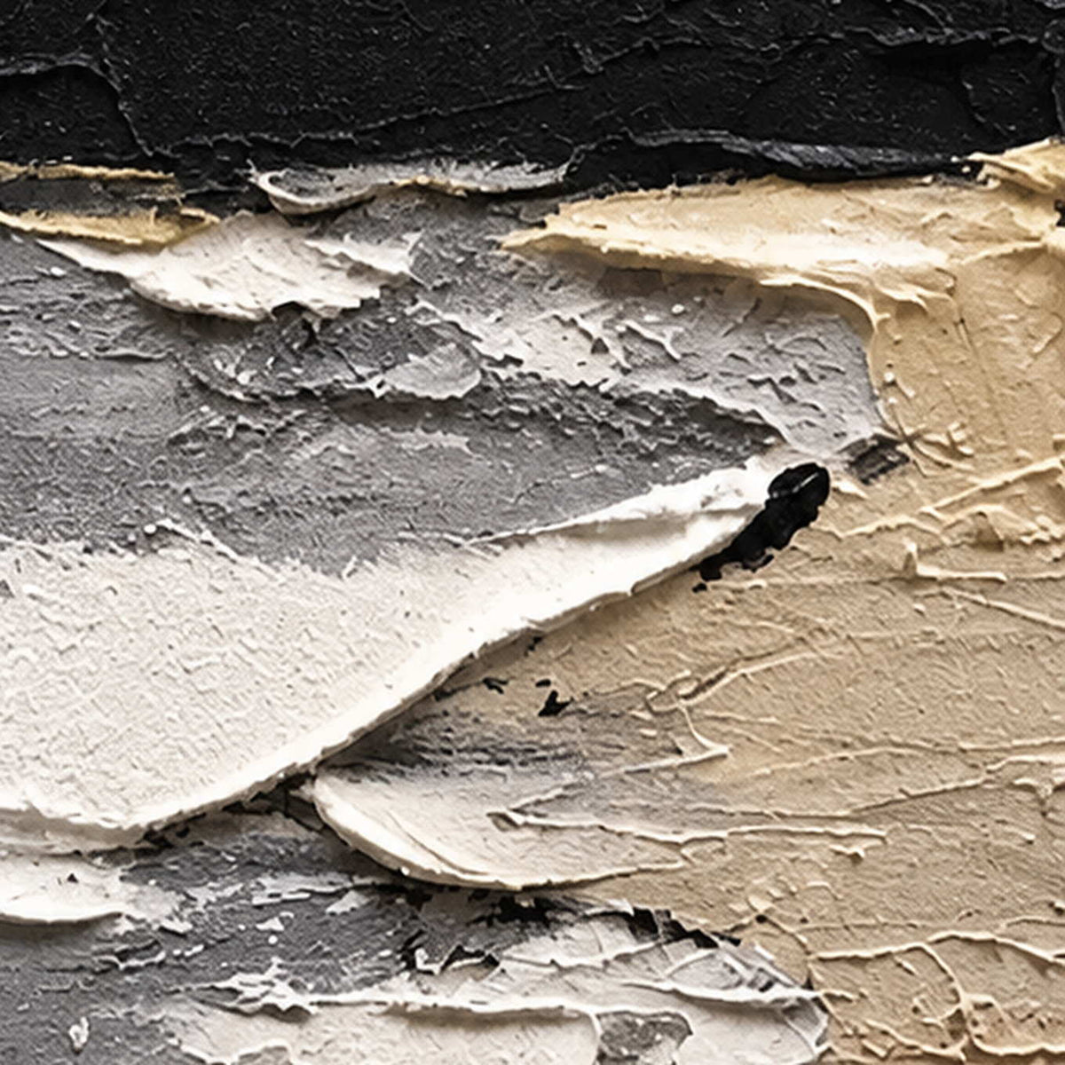 Close detail of thick white ridges crossing gray and sandy painted layers.