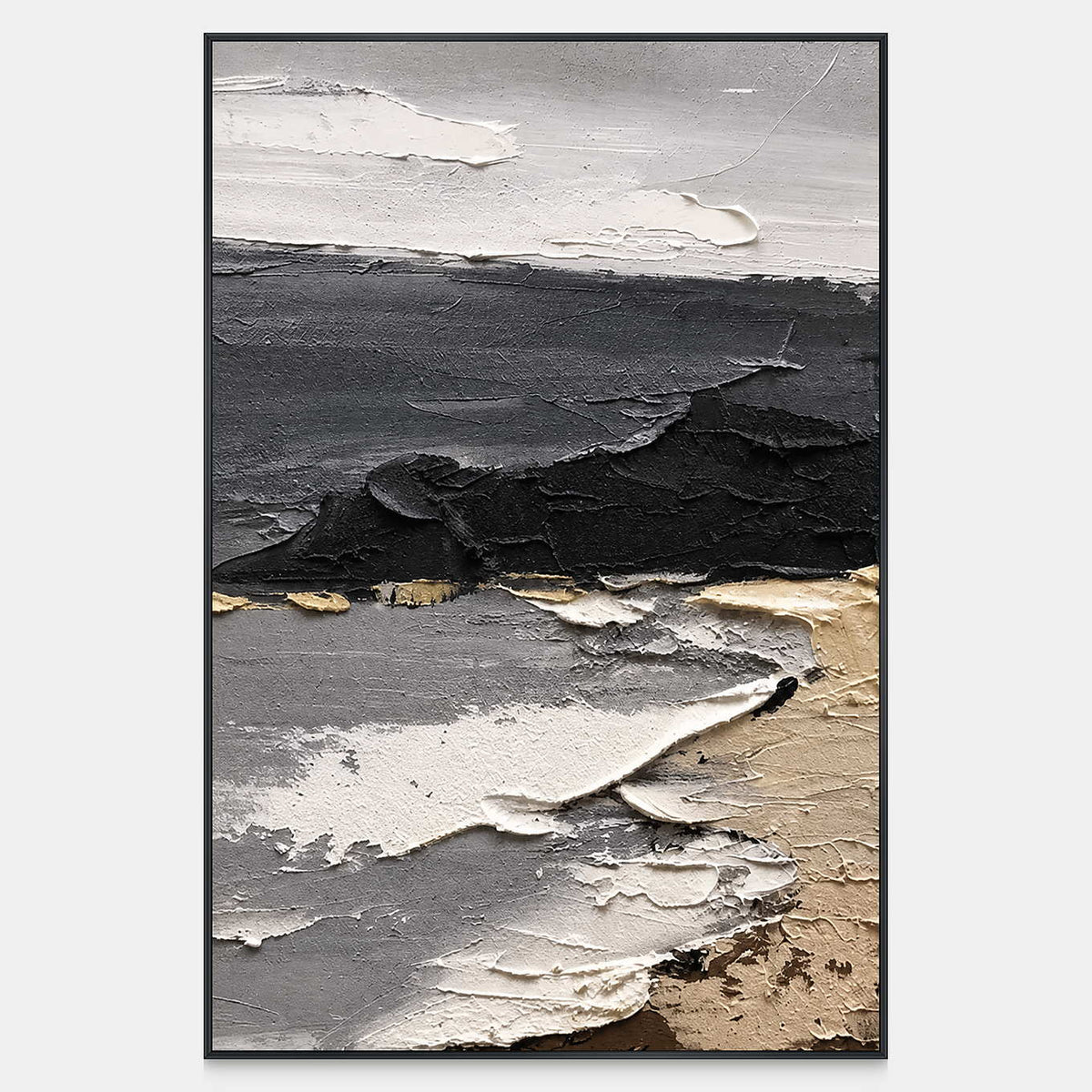Vertical textured abstract painting with gray waves, white ridges, and sandy edges.