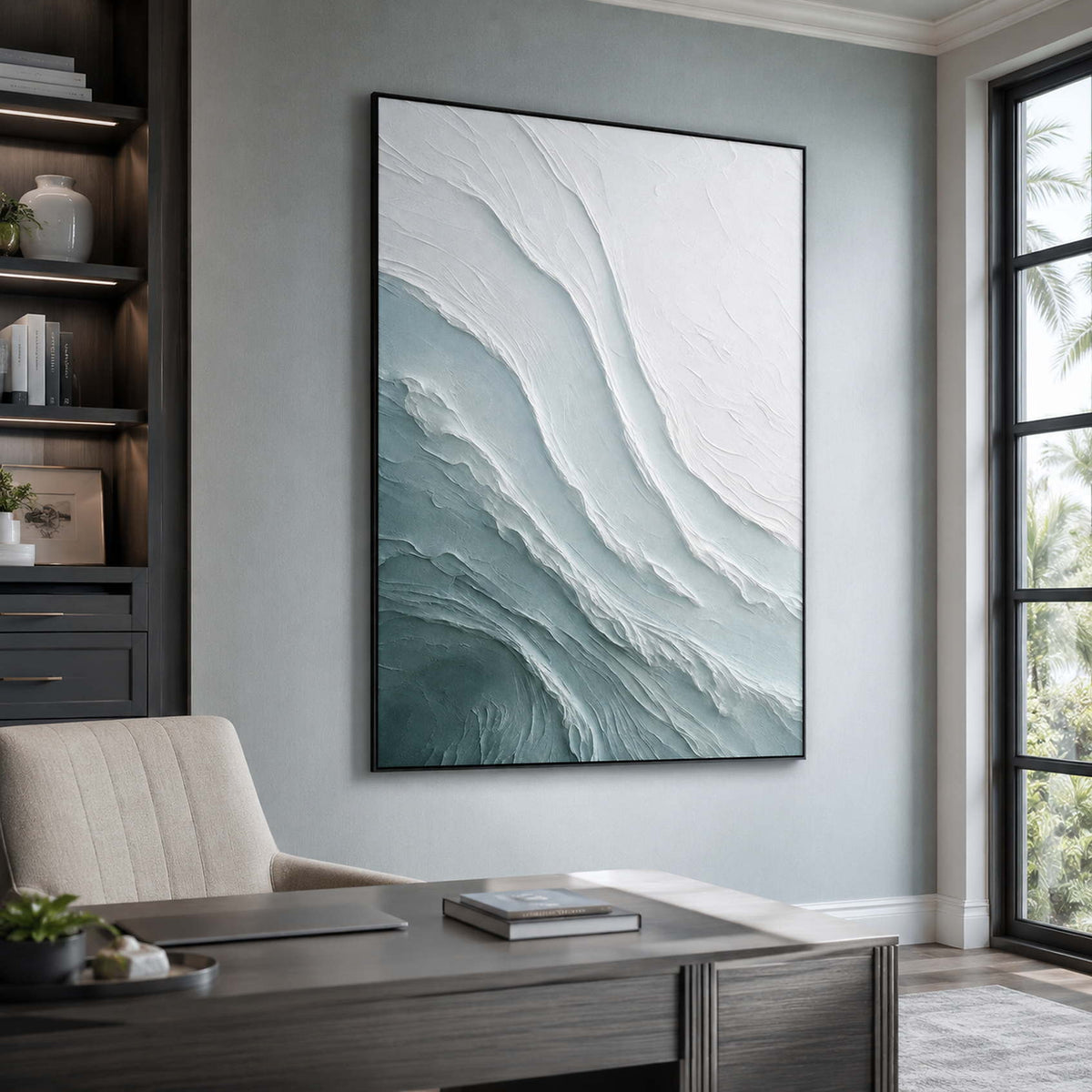 Sea glass textured wall art in a contemporary home office