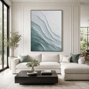 Textured coastal wall art in a bright contemporary living room