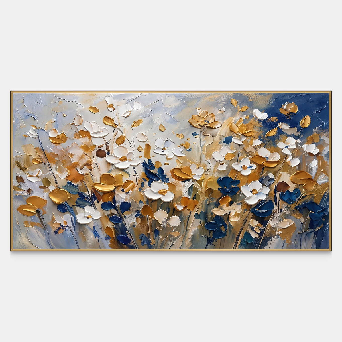 Front view of The Time to Bloom, white, golden-yellow and deep blue blossoms with raised cupped petals across a pale blue-gray field.