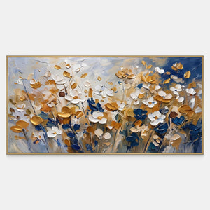 Front view of The Time to Bloom, white, golden-yellow and deep blue blossoms with raised cupped petals across a pale blue-gray field.
