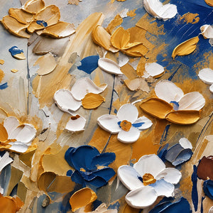 Close-up of The Time to Bloom showing thick white, blue and golden-yellow petals raised above slender painted stems.