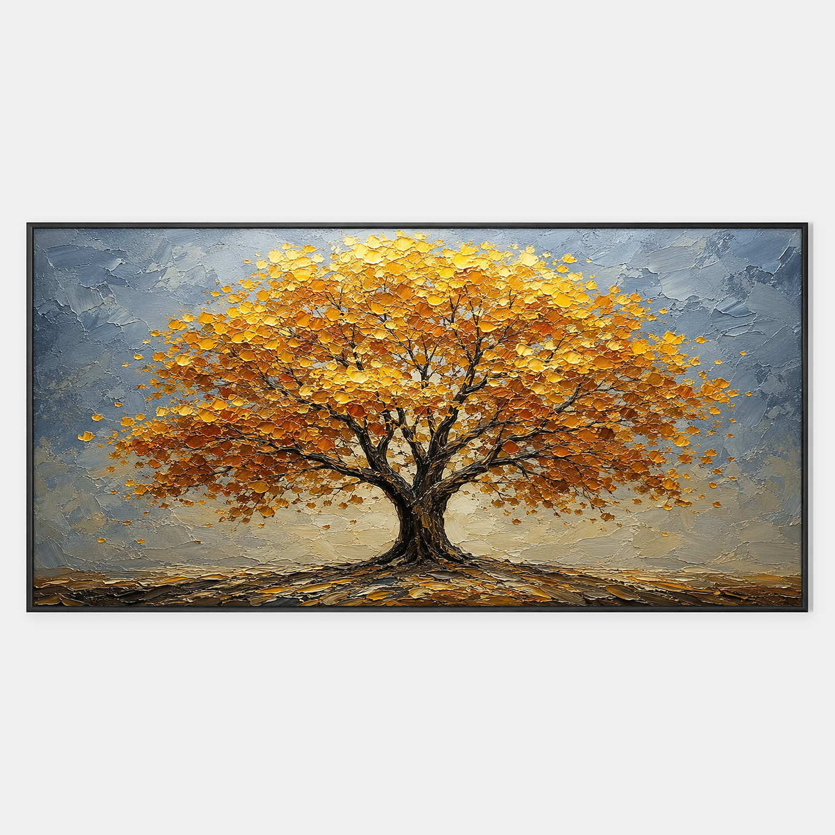 Hand-painted textured landscape wall art in warm tones, blue, and earth tones.