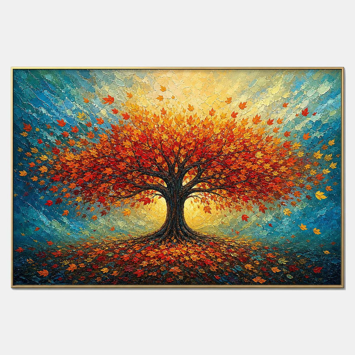 Hand-painted colorful tree wall art with multicolor, warm tones, and blue tones.