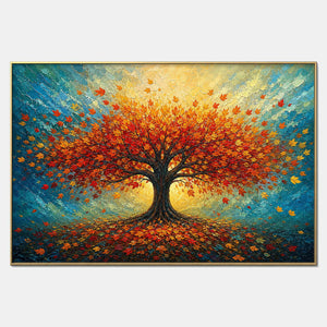 Hand-painted colorful tree wall art with multicolor, warm tones, and blue tones.