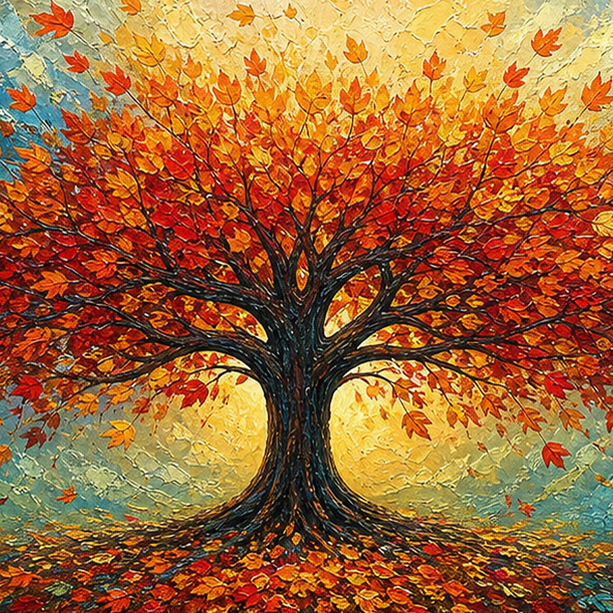 Close-up of raised hand-painted texture in multicolor, warm tones, and blue.