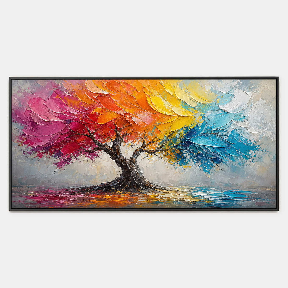 Hand-painted textured landscape wall art with multicolor, warm tones, and blue tones.