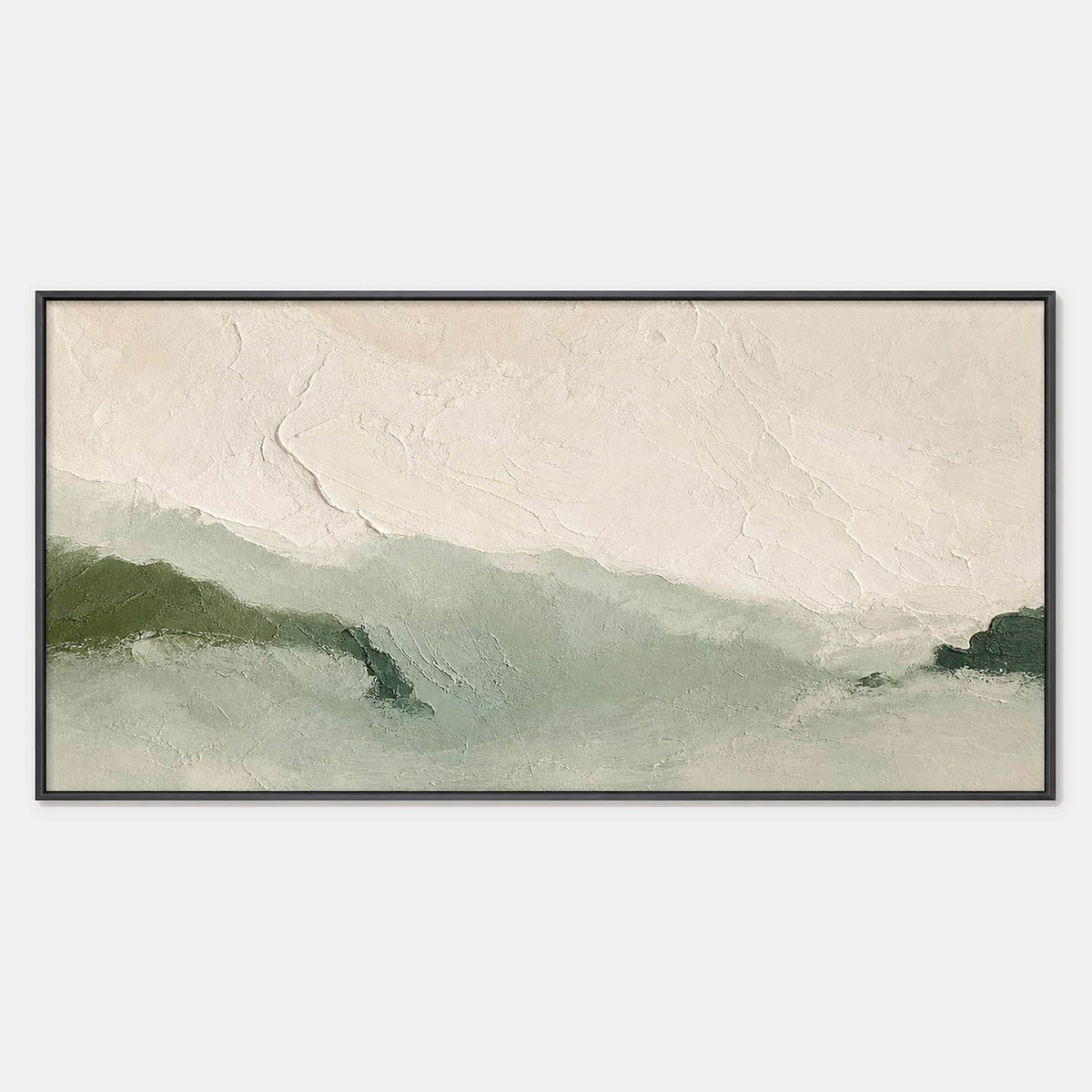 The Valley Grows Quiet Ahead: soft green valley ridges fading beneath a pale textured sky, shown in a full artwork view.
