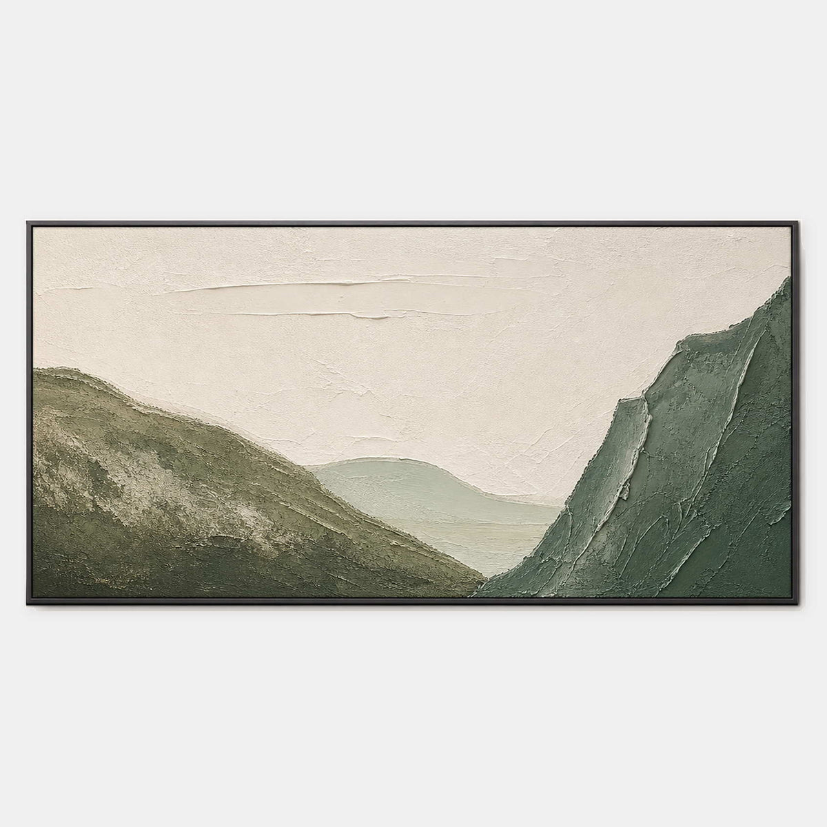 Hand-painted textured mountain wall art in green, white, and earth tones.