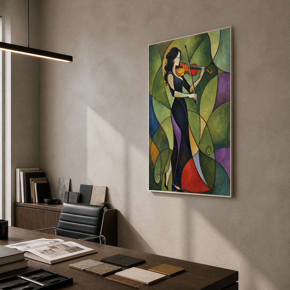 Violinist wall art shown from the side in a creative director office.