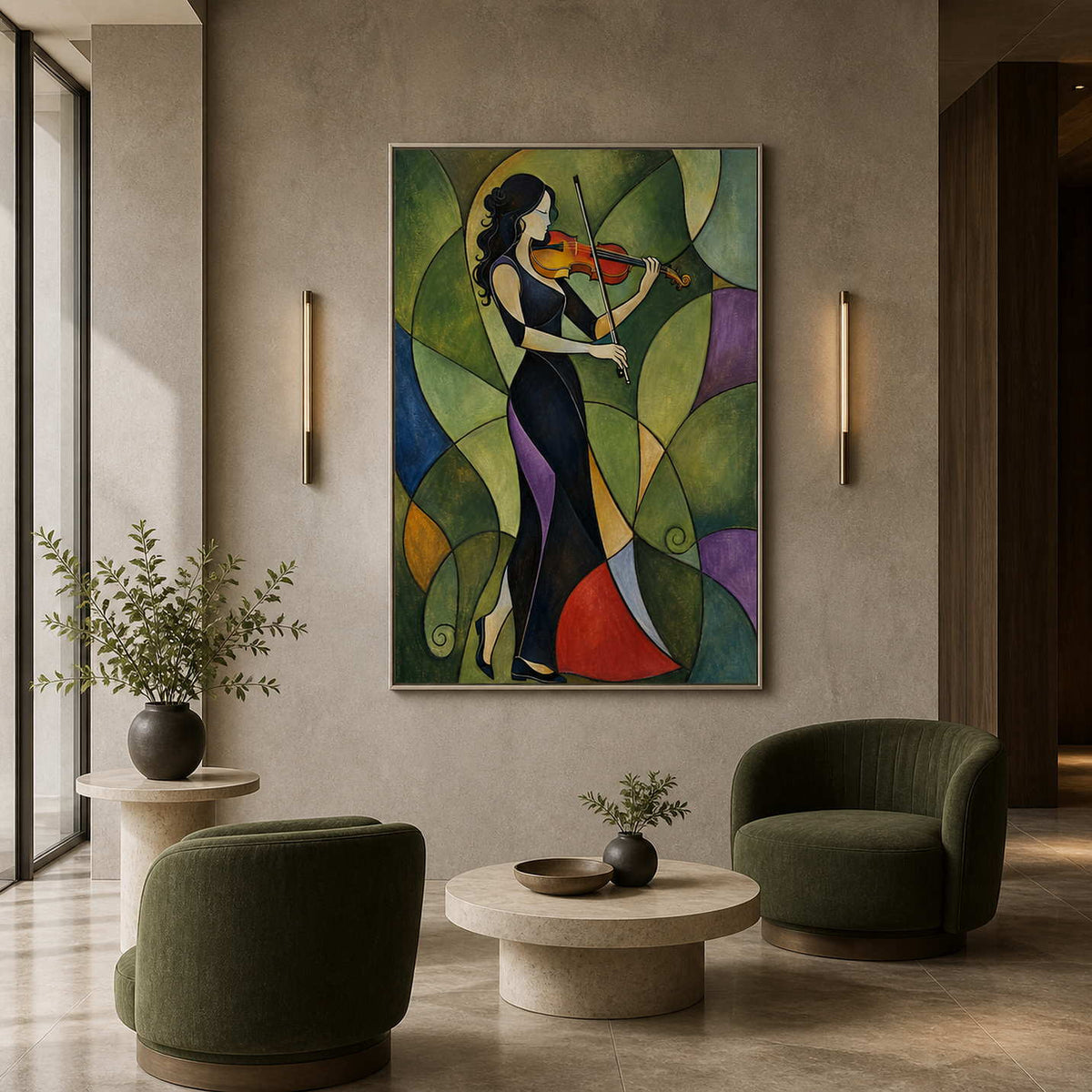 Modern figurative wall art displayed in a boutique hotel lobby.