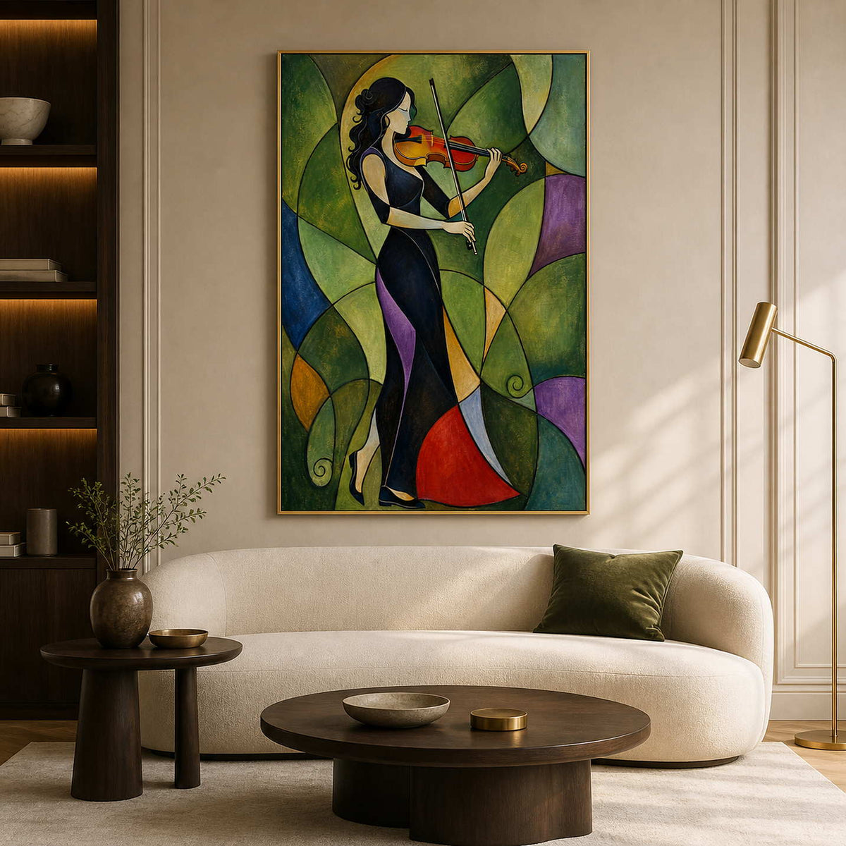 Modern violinist wall art displayed in a refined luxury living room.