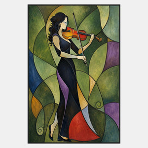 Stylized female violinist wall art in green, black, violet, blue, and warm red.