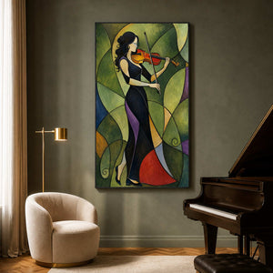 Vertical violinist wall art displayed beside a piano in a private music salon.