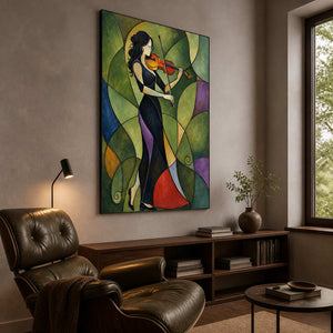 Vertical musician wall art shown from the side in a collector reading lounge.