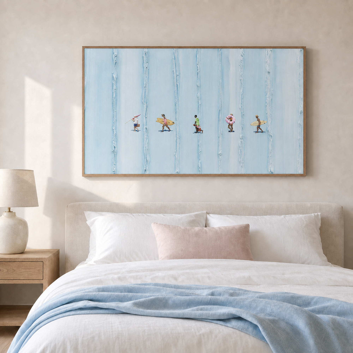 Surfing Wall Art displayed in a refined bedroom.