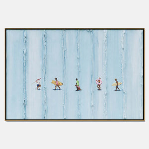 Hand-painted surfing wall art with blue, white, and pink & blush tones.
