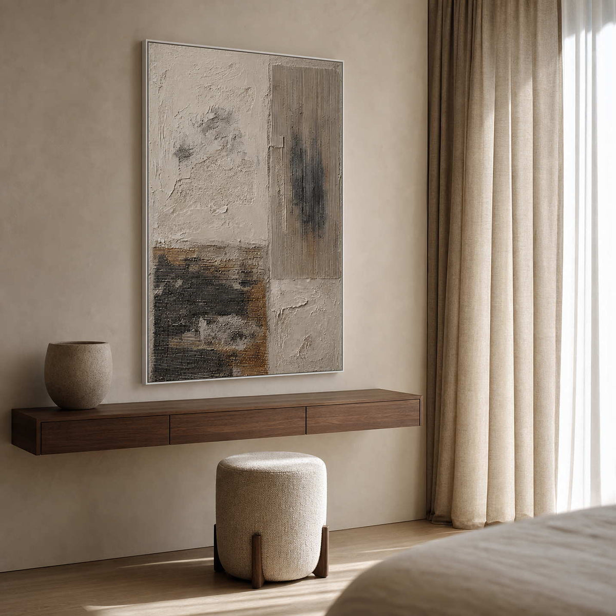 Wabi-Sabi Abstract Wall Art displayed in a refined bedroom.
