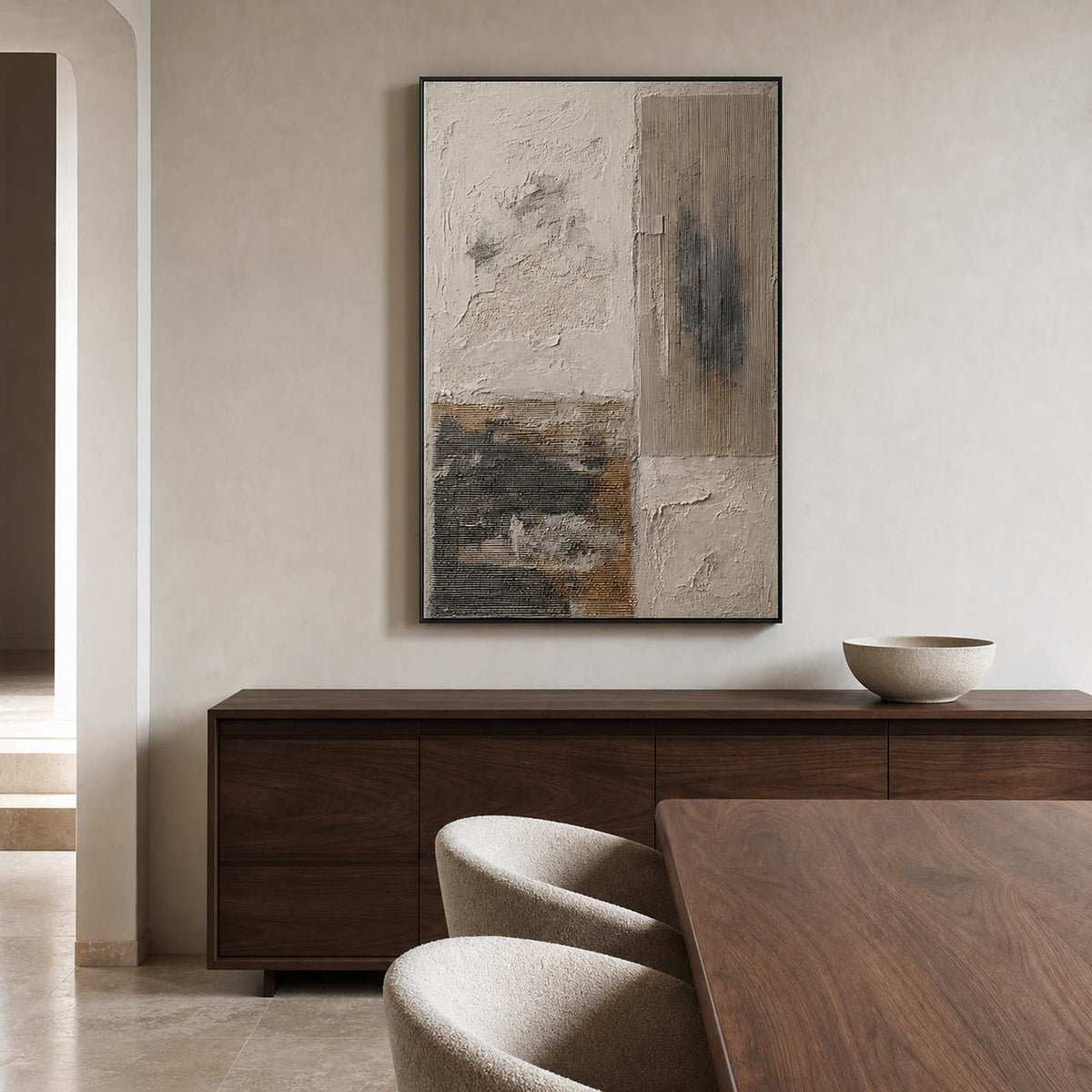 Wabi-Sabi Abstract Wall Art displayed in a refined dining room.