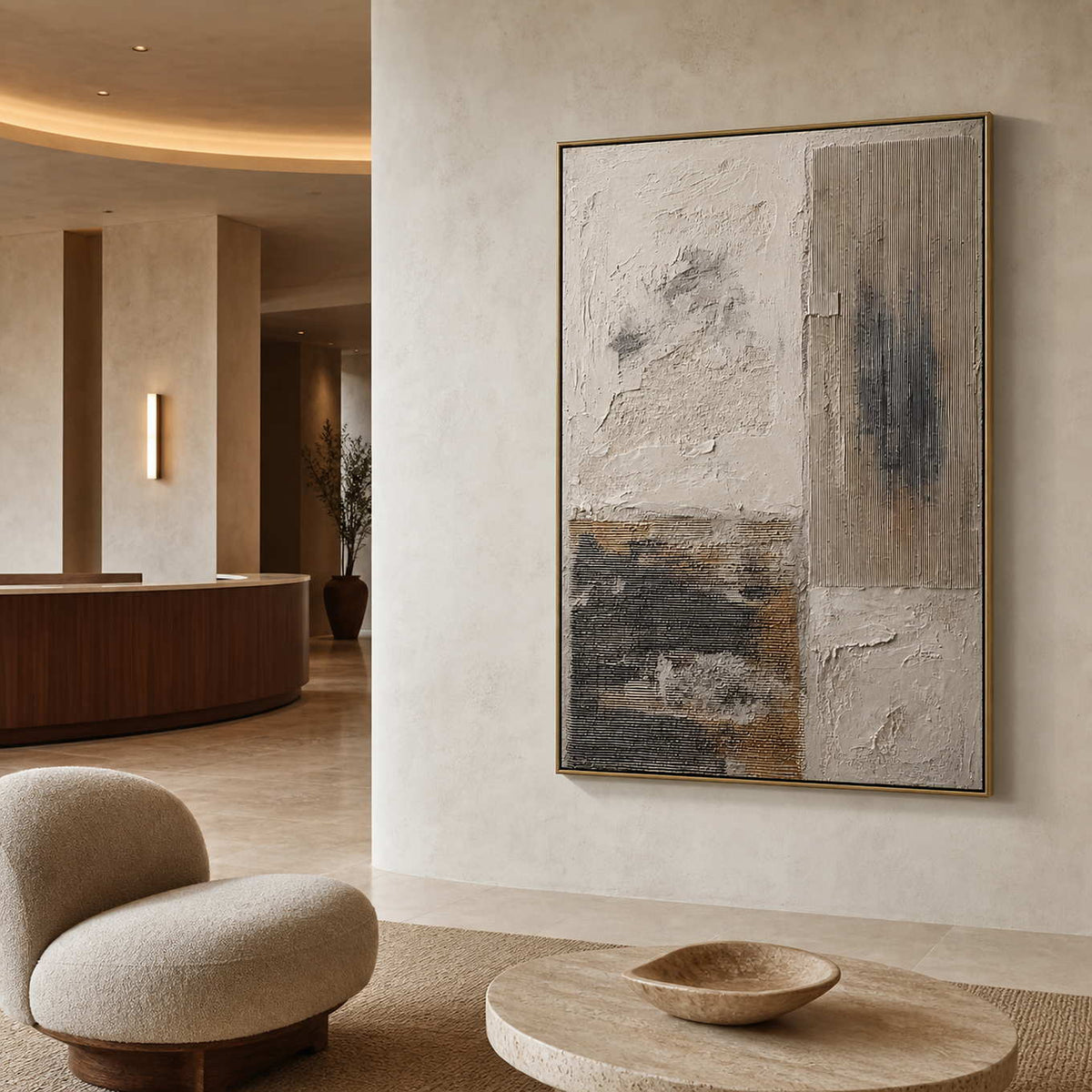 Wabi-Sabi Abstract Wall Art displayed in a refined hospitality lounge.