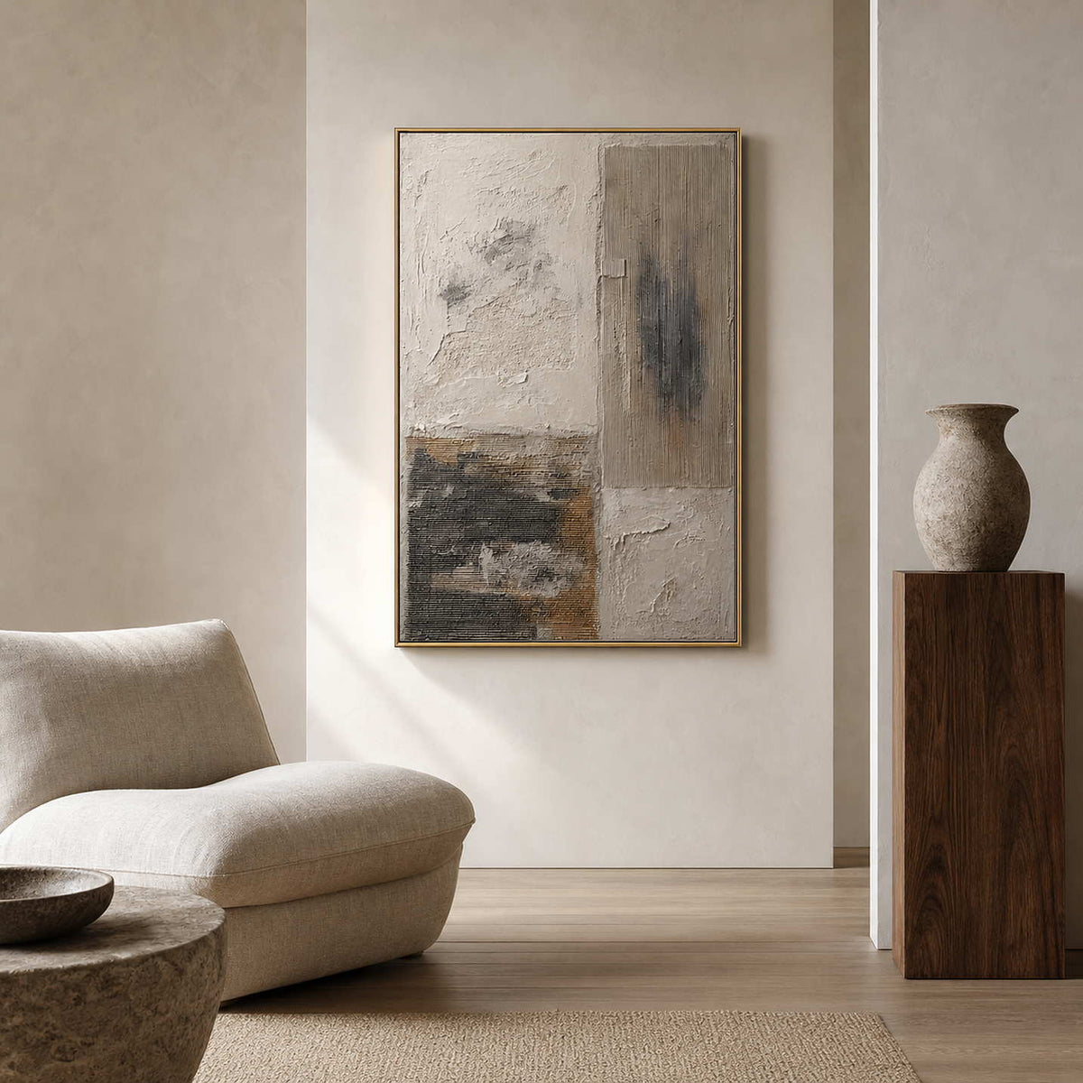 Wabi-Sabi Abstract Wall Art displayed in a refined living room.