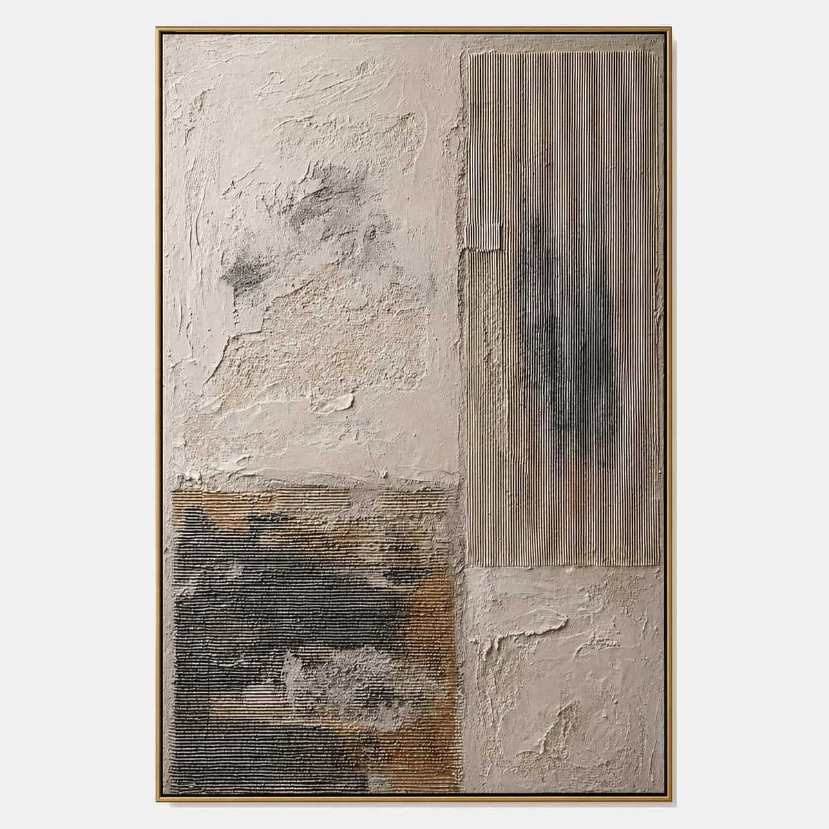Hand-painted wabi-sabi abstract wall art with neutral, earth tones, and black tones.