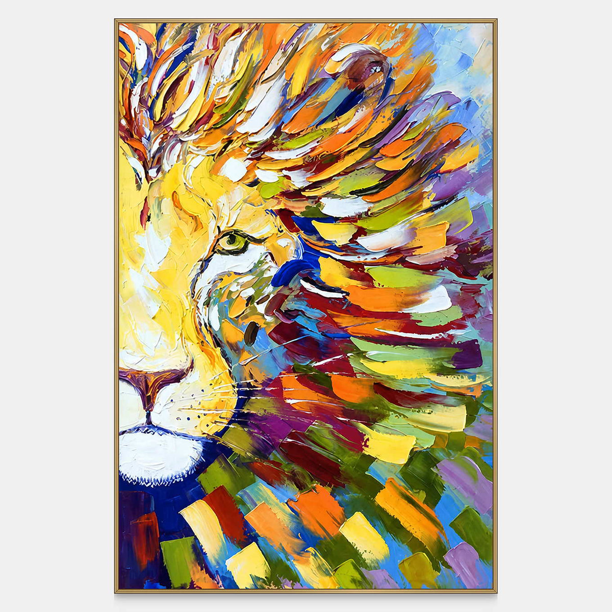 Vertical lion portrait with a steady green eye and vivid yellow, orange, and blue strokes.
